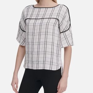 Calvin Klein Women's Plaid Piping-Trim
Blouse (1X White/Black Plaid)